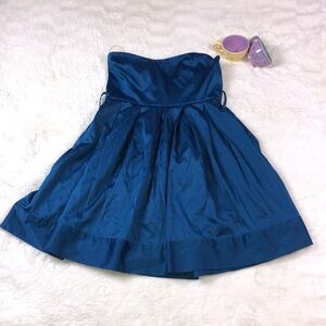 Blue satin strapless dress